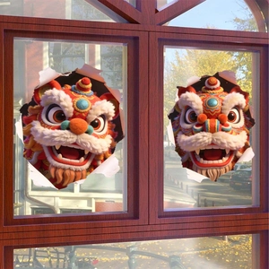 Adesivo 3D danza del leone cinese con realistico effetto strappo su vetro decorativo