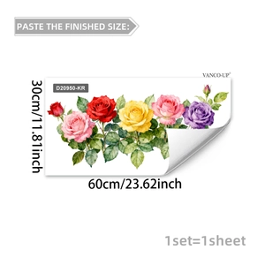 Detalle de pegatinas florales para ventanas con rosas coloridas y hojas verdes en fondo blanco