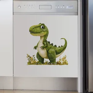 Close-up of a green cartoon dinosaur wall sticker applied to a white dishwasher surface