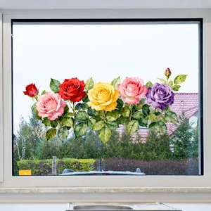 Détail de stickers de fenêtres roses à l'aquarelle aux couleurs vives sur vitre