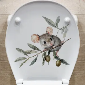 Detail of cartoon mouse on olive branch watercolor sticker on white toilet lid