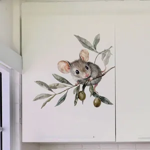 Detail of watercolor mouse on olive branch wall sticker for kitchen cabinet decor
