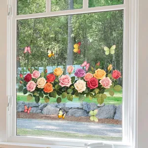 Pegatinas estáticas de flores y mariposas para decoración de cristales de hogar