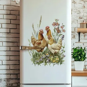 Detail of hand-painted hen and wildflower stickers on a white vintage refrigerator