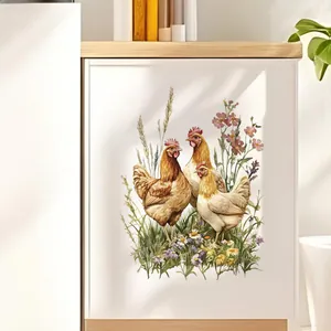 Detailed watercolor chicken wall decals applied on a white wooden cabinet door