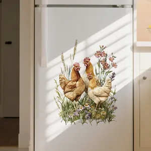 Watercolor farm chickens and wildflowers wall stickers for home refrigerator decor