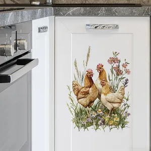 Detail of watercolor chicken decals on white kitchen cabinet with marble countertop