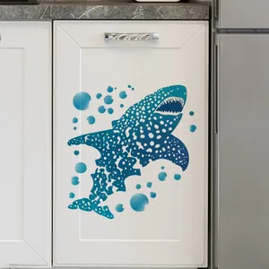 Detail of blue shark adhesive cabinet sticker with dot pattern and water bubbles