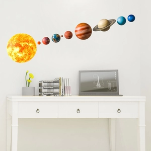 Vinilos decorativos de planetas del sistema solar en una pared blanca de un cuarto