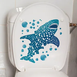 Self-adhesive blue shark and bubbles toilet lid sticker for home bathroom decoration