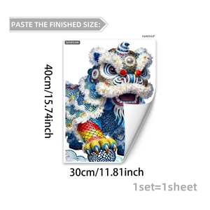 Dettaglio adesivo leone cinese blu con specifiche dimensionali di 30x40cm per vetro
