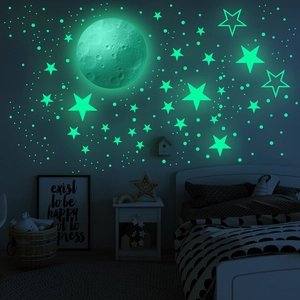 Stickers muraux lune et étoiles luminescentes vert fluo pour décoration chambre enfant