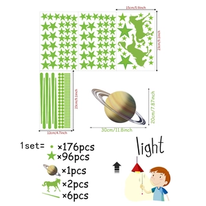 Glow-in-the-dark wall sticker set showing dimensions and quantities of stars and unicorns