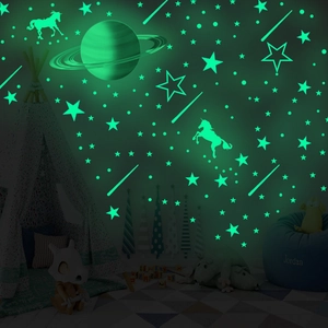 Luminous glow-in-the-dark stars and planets wall stickers in a cozy nursery bedroom