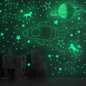 Luminous wall stickers set featuring glowing stars, saturn planet and flying pegasus