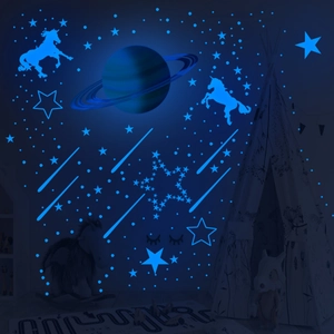Luminous Saturn and unicorn wall stickers glowing blue in a dark children's bedroom decor
