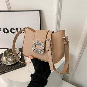 Women Rhinestone Square Buckle Shoulder Bag PU Leather Underarm Bag Fashion Crossbody Bag Solid Color Flap Purse