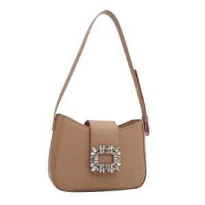 Women's minimalist khaki half-moon shoulder bag with a crystal-embellished square buckle