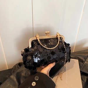 Fashionable Women Sequined Kiss-Lock Shoulder Bag With Metal Handle Chain Strap Vintage Small Crossbody Evening Clutch Purse For Wedding Party