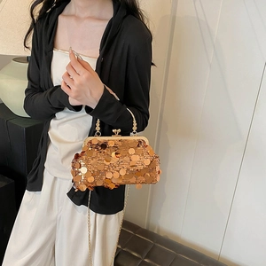 Elegant gold sequin evening clutch bag with heart clasp and metal chain strap for women