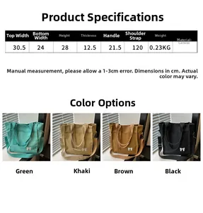 Size chart showing large canvas tote bag dimensions with four color variants and specs
