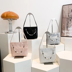 Marble Pattern PU Leather Underarm Bag With Faux Pearl Beaded Chain Fashion Niche Small Shoulder Bag Street Trend Daily Women Handbag