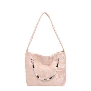 Pink marble pattern underarm bag with beaded chain strap and glossy finish