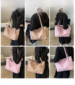 Detail shots of beige and pink large capacity tote bags with adjustable straps