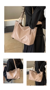 Vertical collage showing the texture and strap details of a beige leather tote bag