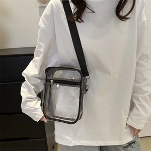 Fashionable transparent PVC crossbody jelly bag with black strap worn by a model
