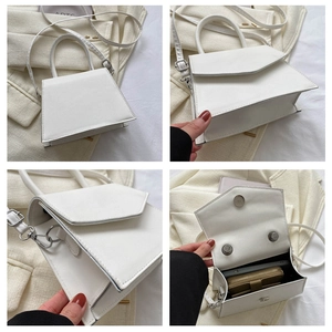 Detailed views of white trapezoid crossbody bag showing interior capacity and sleek PU leather