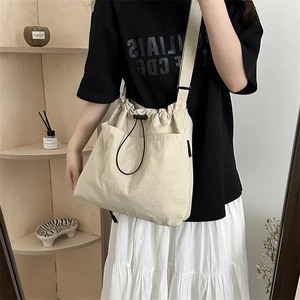 Women Japanese Style Lightweight Large Capacity Nylon Drawstring Shoulder Bag Casual Tote Crossbody Bag For Daily Commuting