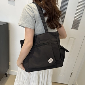 Women Fashion Nylon Tote Bag Large Capacity Casual Shoulder Bag With Letter Patch Zipper Front Pocket For Daily Commute