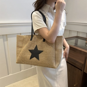 Women Casual Straw Woven Tote Bag Contrast Color Star Patch Shoulder Bag Handbag Summer Beach Vacation Travel Purse