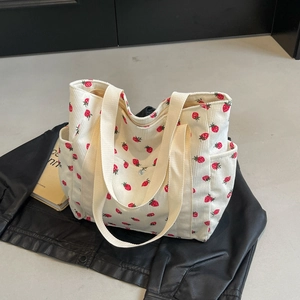 Sac fourre-tout en velours côtelé à motif fraise avec poches latérales spacieuses