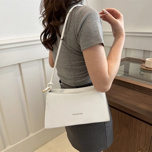 White PU leather baguette shoulder bag with gold FASHION lettering for women