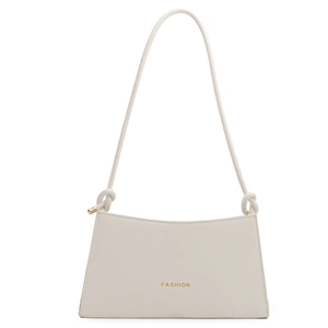 Minimalist white trapezoid shoulder bag with gold Fashion text and knotted strap detail