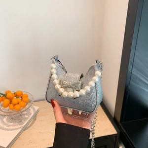 Damen Glitzer Mini Handtasche Mit Künstliche Perlen Griff Legierung Schleife Metallkette Schulter Crossbody Tasche Abend Party Pailletten Beutel