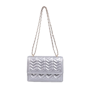 Silver quilted shoulder bag with V-shaped wave pattern and metal chain strap