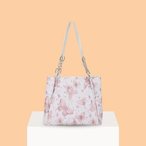 Borsa tote bianca con motivi di farfalle rosa e spalline a catena argentata