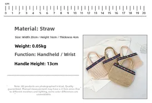 Detailed size specifications for a woven straw envelope clutch bag with 20cm width