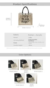 Size chart and dimensions for the PVC linen patchwork tote bag with printed letters