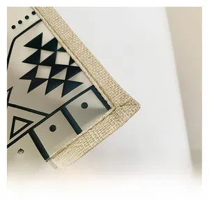 Detailed view of the woven hemp fabric edges and geometric patterns on this tote bag