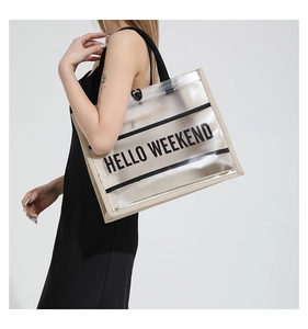 Macro detail of translucent tote bag with woven edge and HELLO WEEKEND print