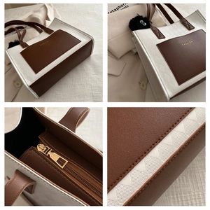 Macro view of diamond lattice texture and gold zipper on color-block tote bag