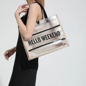 Large PVC tote bag with Hello Weekend print and woven base for summer shopping