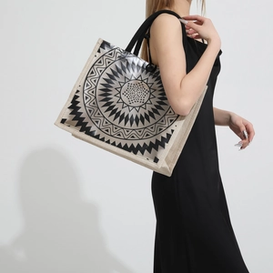 Large PVC and linen tote bag with black mandala print and rope handles for women