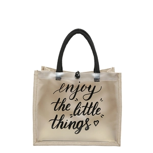 Large jute tote bag with PVC panel and enjoy the little things lettering