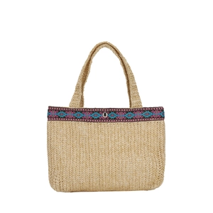 Handwoven straw envelope clutch bag with ethnic geometric trim and dual handles for summer
