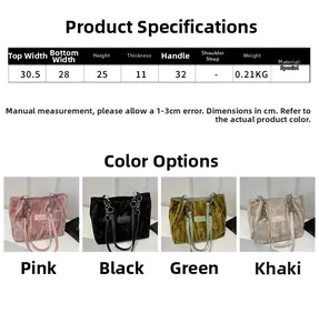 Velvet tote bag dimensions and four-color comparison in pink, black, green, and khaki